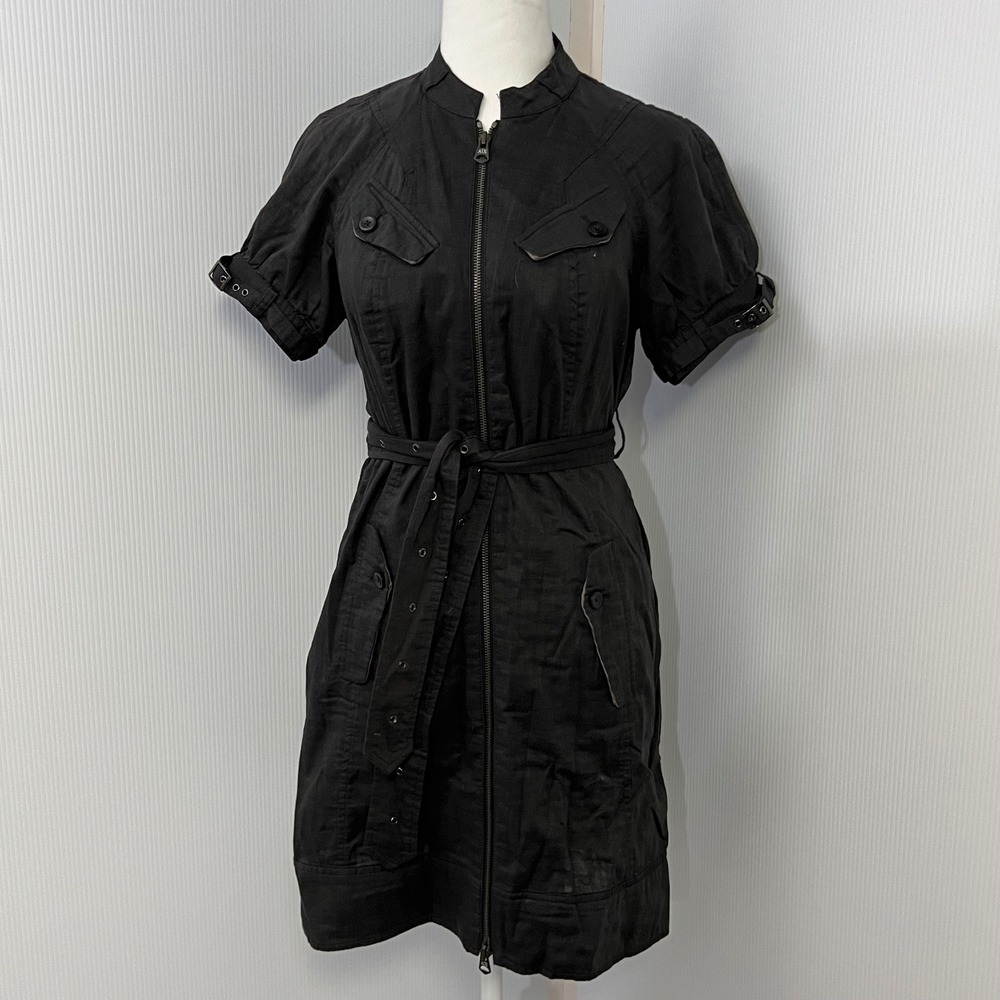 Armani Exchange A|X Black Utility Dress Sz 6 Zip Front Short Sleeve Belted